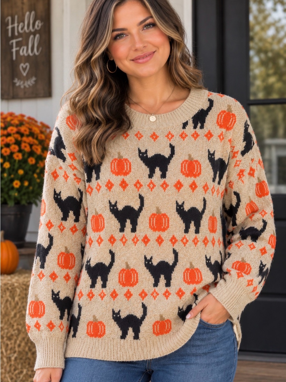 NWT Vince Camuto Beige Crewneck Sweater with Black Cats & Orange Pumpkins Sz Med